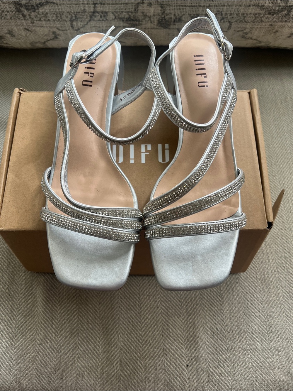 IDIFU Silver Rhinestone Strappy Heeled Sandals